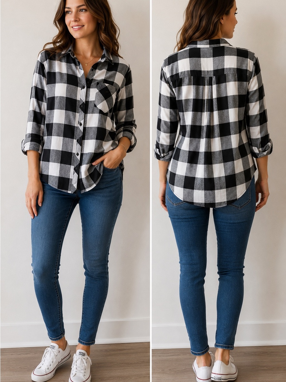 Classic Black & White Buffalo Plaid Button-Up Shirt